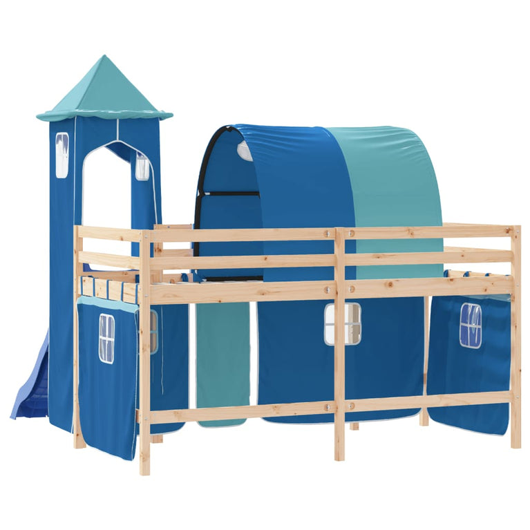 Kinderhoogslaper met toren 90x200 cm massief grenenhout blauw