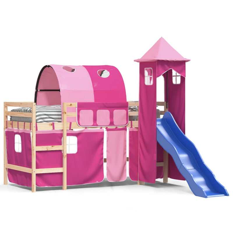 Kinderhoogslaper met toren 90x200 cm massief grenenhout roze