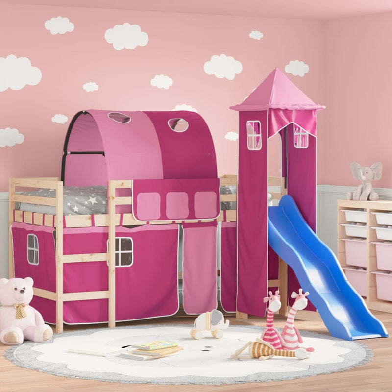 Kinderhoogslaper met toren 90x200 cm massief grenenhout roze