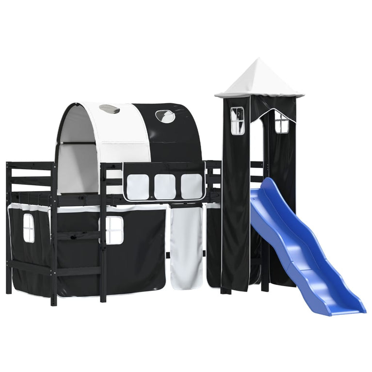 Kinderhoogslaper met toren 90x200 cm grenenhout wit en zwart