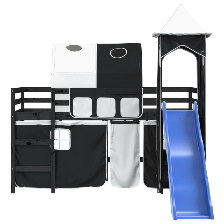 Kinderhoogslaper met toren 90x200 cm grenenhout wit en zwart
