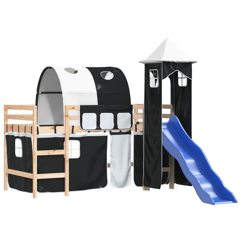 Kinderhoogslaper met toren 90x190 cm grenenhout wit en zwart