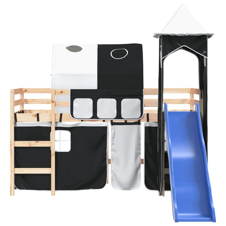 Kinderhoogslaper met toren 90x190 cm grenenhout wit en zwart