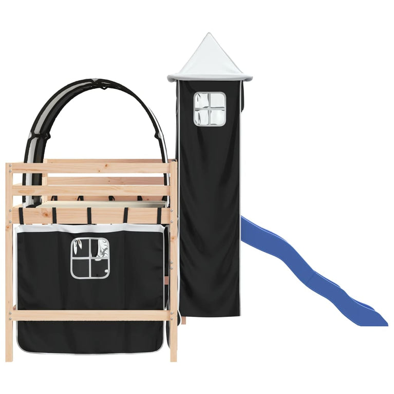 Kinderhoogslaper met toren 90x190 cm grenenhout wit en zwart