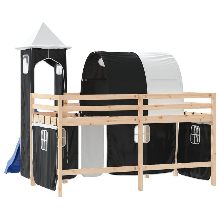 Kinderhoogslaper met toren 90x190 cm grenenhout wit en zwart