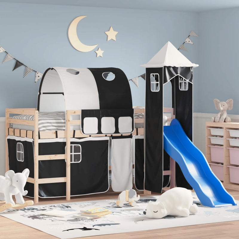 Kinderhoogslaper met toren 90x190 cm grenenhout wit en zwart