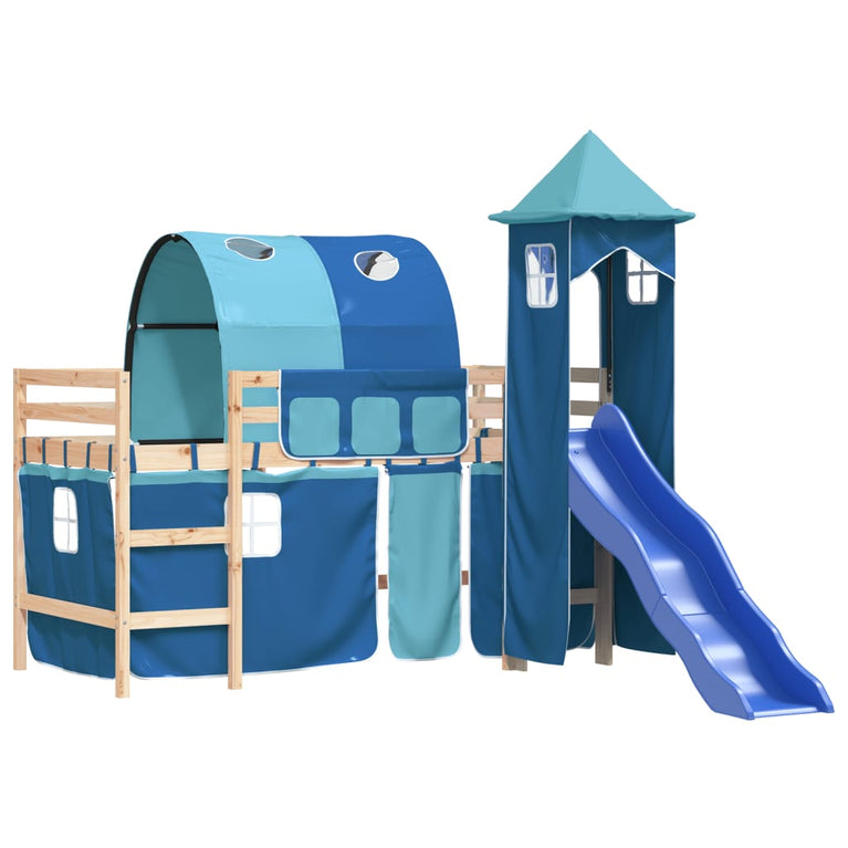 Kinderhoogslaper met toren 90x190 cm massief grenenhout blauw