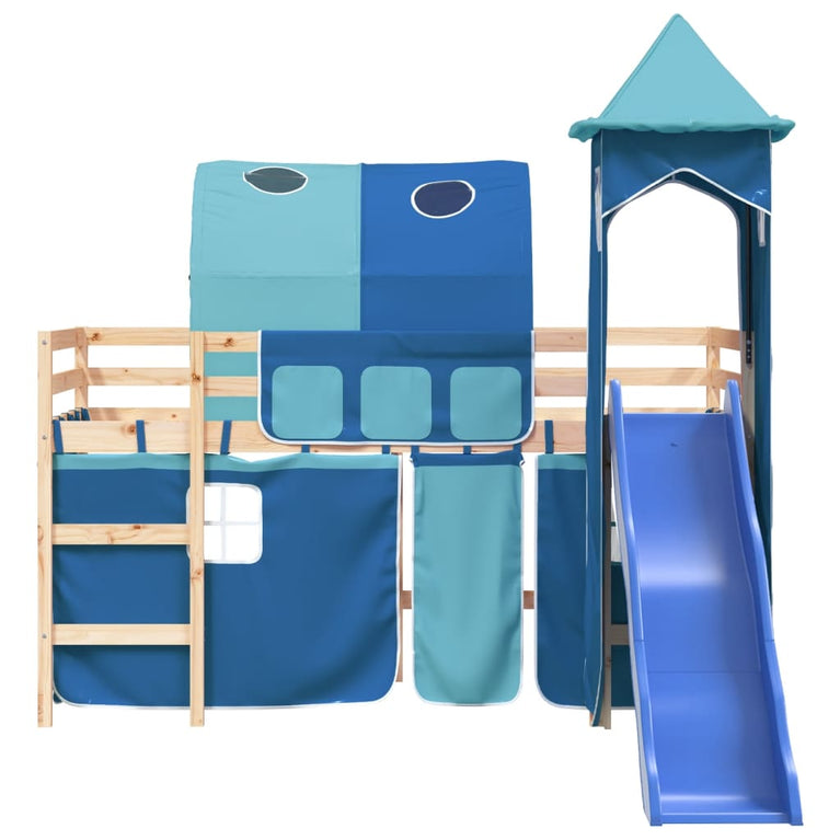 Kinderhoogslaper met toren 90x190 cm massief grenenhout blauw