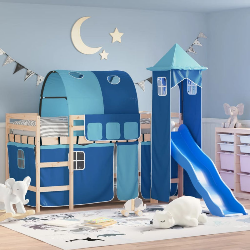 Kinderhoogslaper met toren 90x190 cm massief grenenhout blauw
