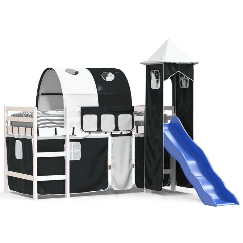 Kinderhoogslaper met toren 90x190 cm grenenhout wit en zwart