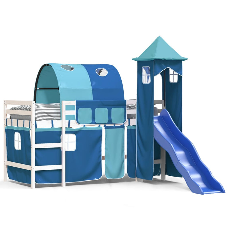 Kinderhoogslaper met toren 90x190 cm massief grenenhout blauw