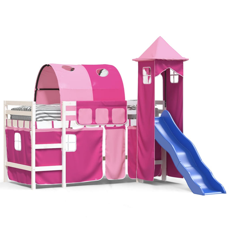 Kinderhoogslaper met toren 90x190 cm massief grenenhout roze