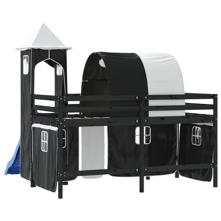 Kinderhoogslaper met toren 90x190 cm grenenhout wit en zwart