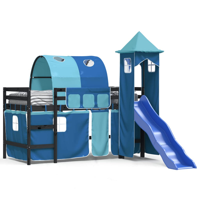 Kinderhoogslaper met toren 90x190 cm massief grenenhout blauw