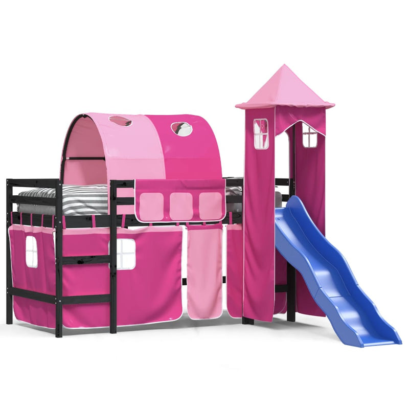 Kinderhoogslaper met toren 90x190 cm massief grenenhout roze