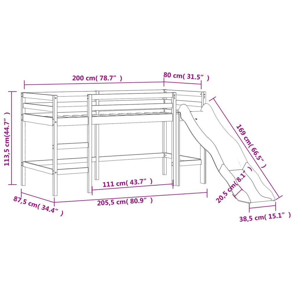 Kinderhoogslaper met glijbaan massief grenenhout wit 80x200 cm MeubelReus