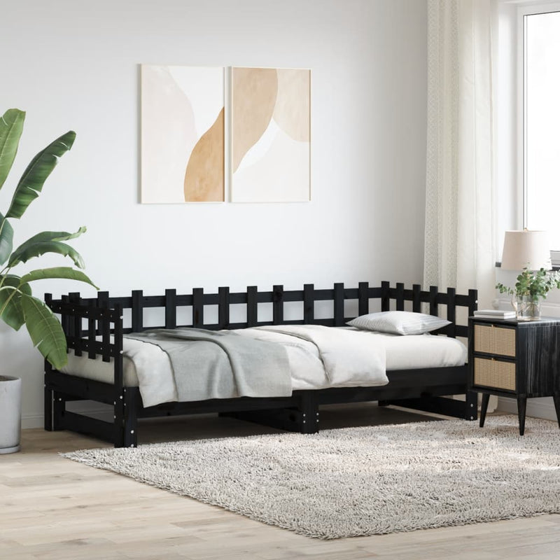 Slaapbank uitschuifbaar massief grenenhout zwart 2x(90x190) cm MeubelReus