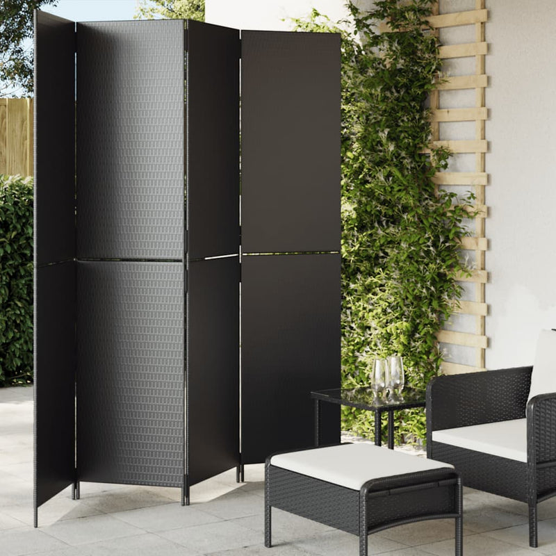 Kamerscherm 4 panelen poly rattan zwart