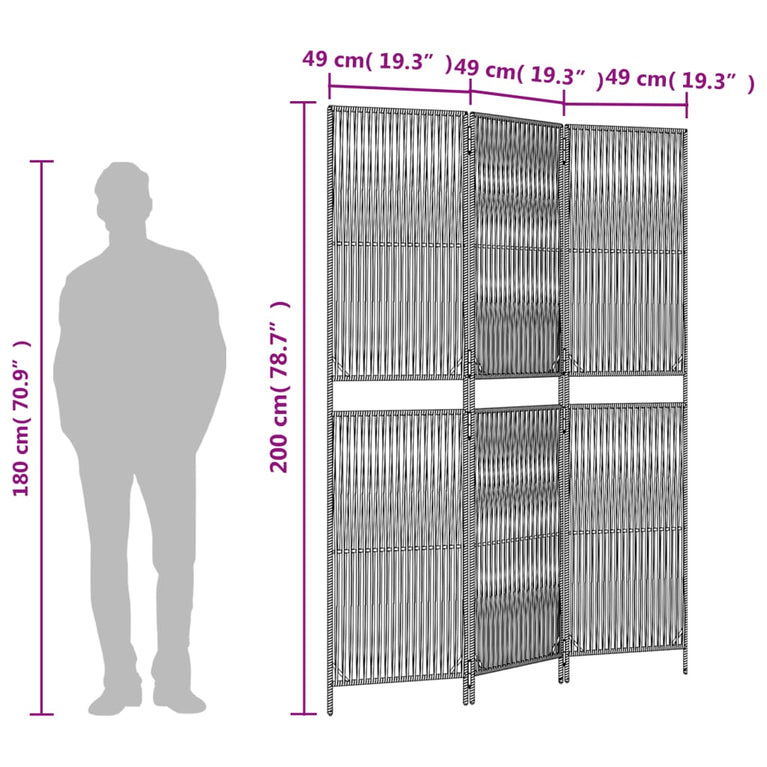 Kamerscherm 3 panelen poly rattan zwart
