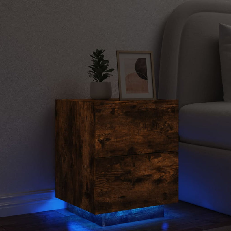 nachtkastje met LED-verlichting bewerkt hout gerookt eikenkleur MeubelReus