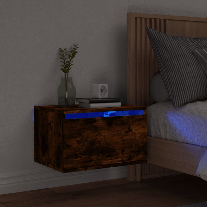 Nachtkastje met LED's wandgemonteerd gerookt eikenkleurig