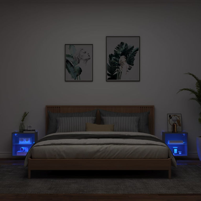 Nachtkastjes met LED's 2 st wandgemonteerd zwart