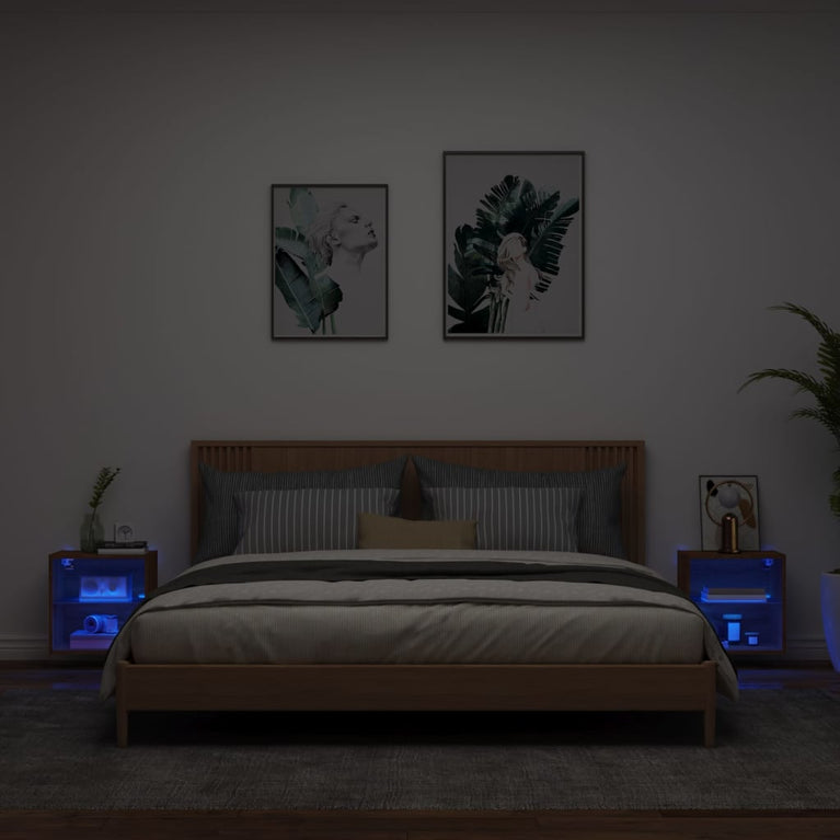 Nachtkastjes met LED's 2 st wandgemonteerd bruineikenkleurig