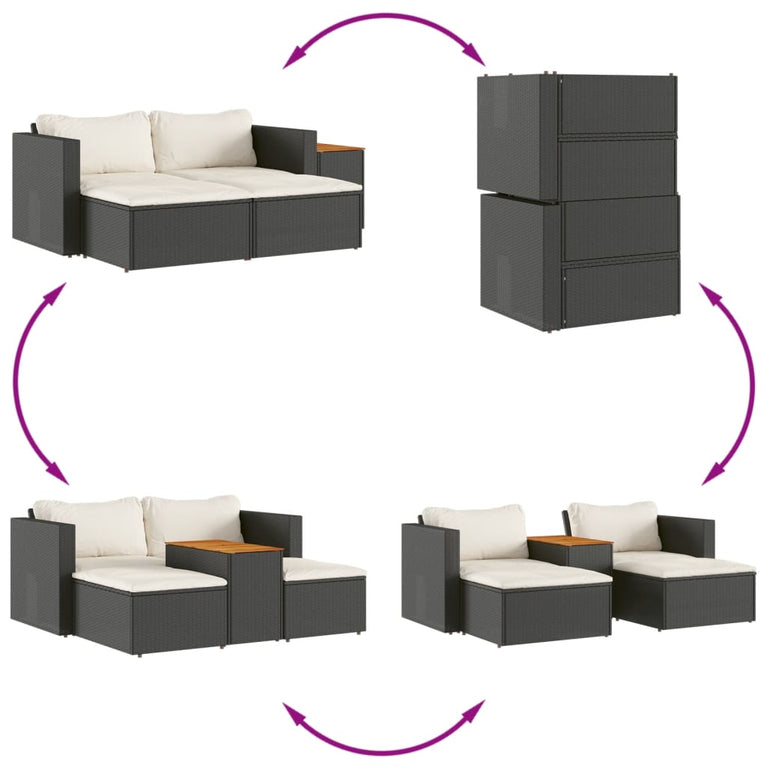 5-delige Loungeset met kussens poly rattan acacia zwart