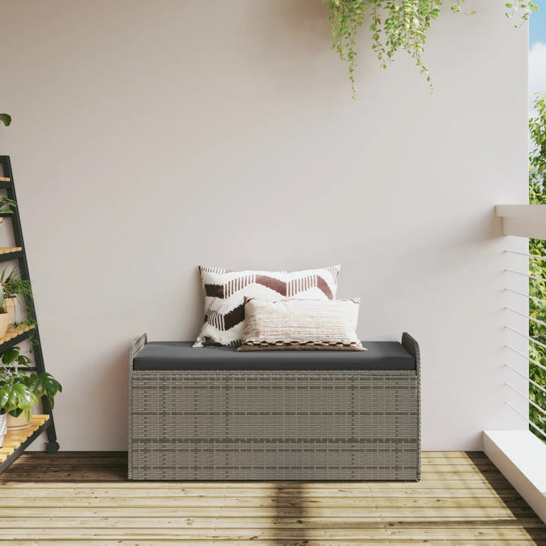 Opbergbankje met kussen 115x51x52 cm poly rattan grijs