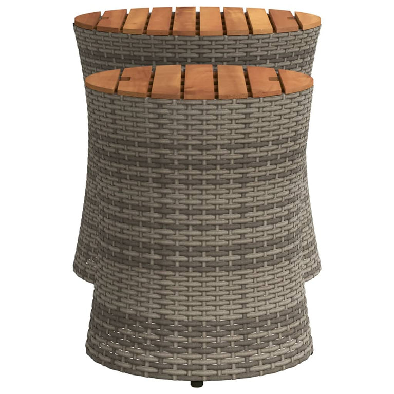 Tuinbijzettafels 2 st met houten blad poly rattan grijs