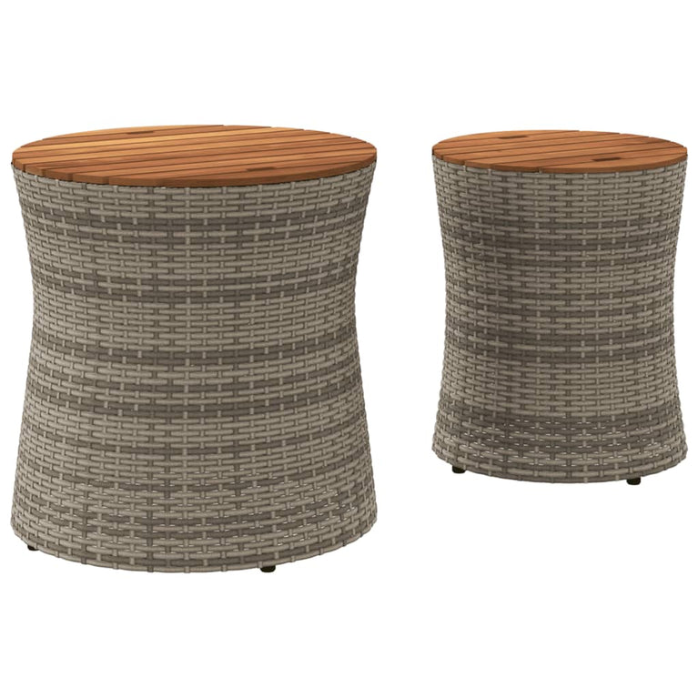 Tuinbijzettafels 2 st met houten blad poly rattan grijs
