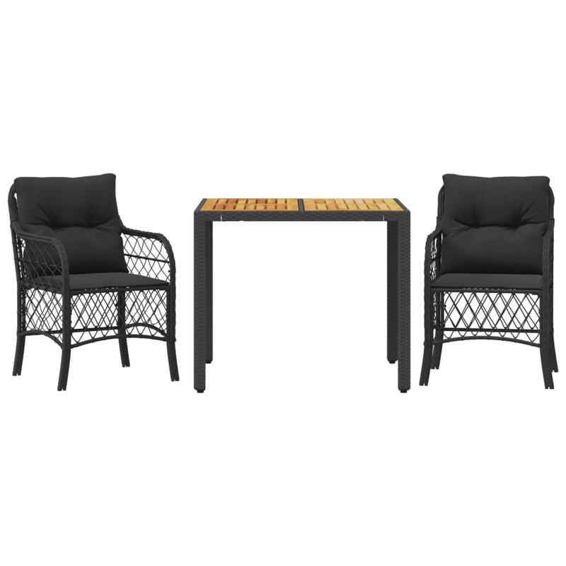 3-delige Bistroset met kussens poly rattan zwart