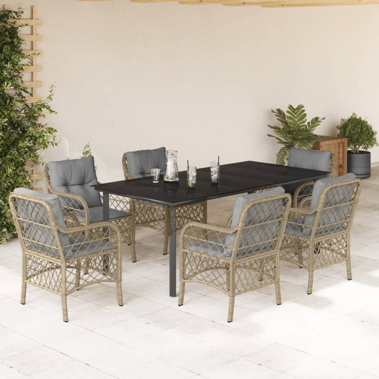 7-delige Tuinset met kussens poly rattan gemengd beige