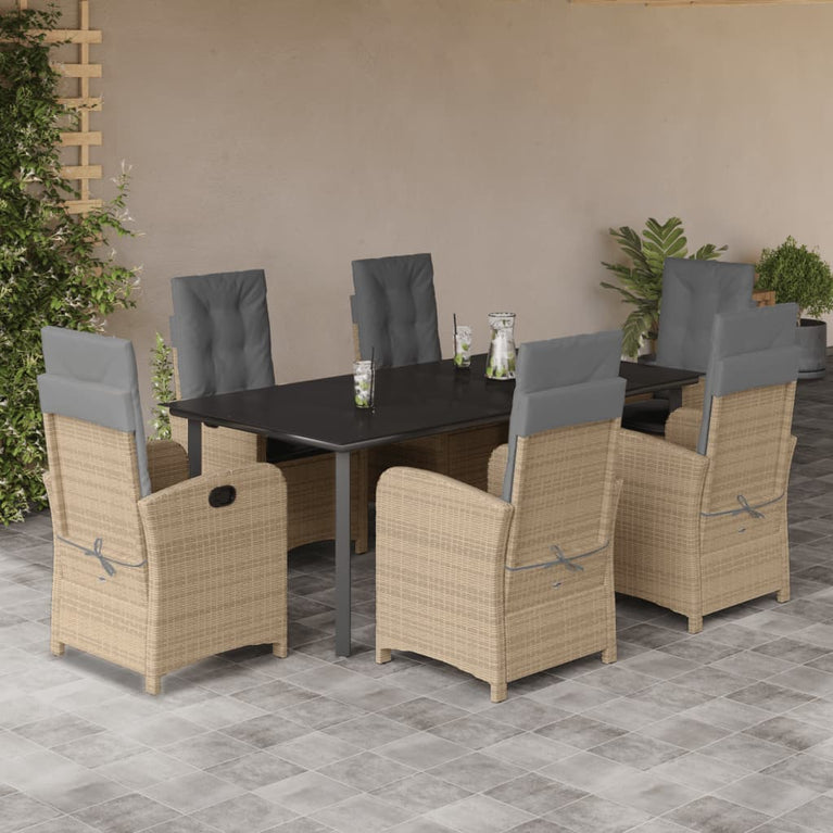 7-delige Tuinset met kussens poly rattan gemengd beige