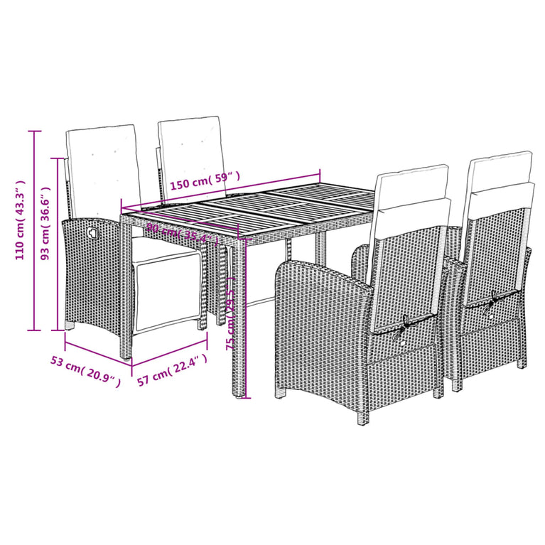 5-delige Tuinset met kussens poly rattan grijs