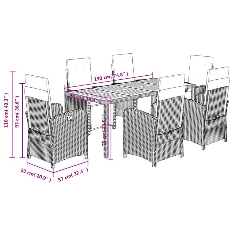 7-delige Tuinset met kussens poly rattan grijs