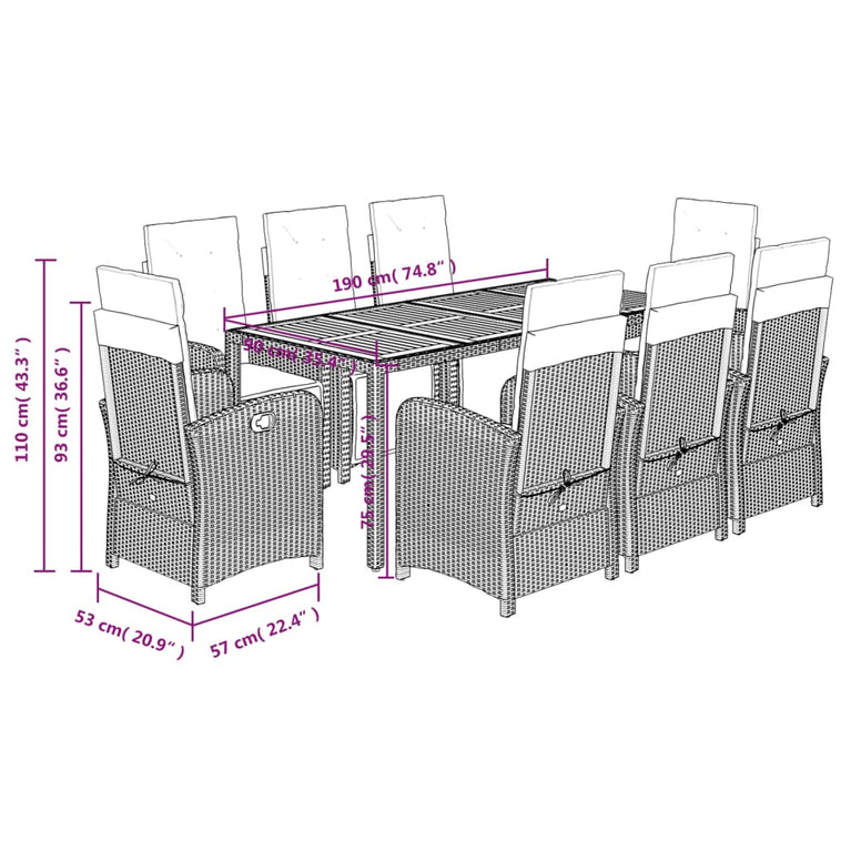 9-delige Tuinset met kussens poly rattan grijs