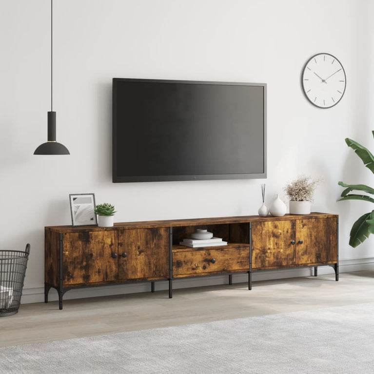 Tv-meubel met lade 200x25x44 cm bewerkt hout gerookt eikenkleur