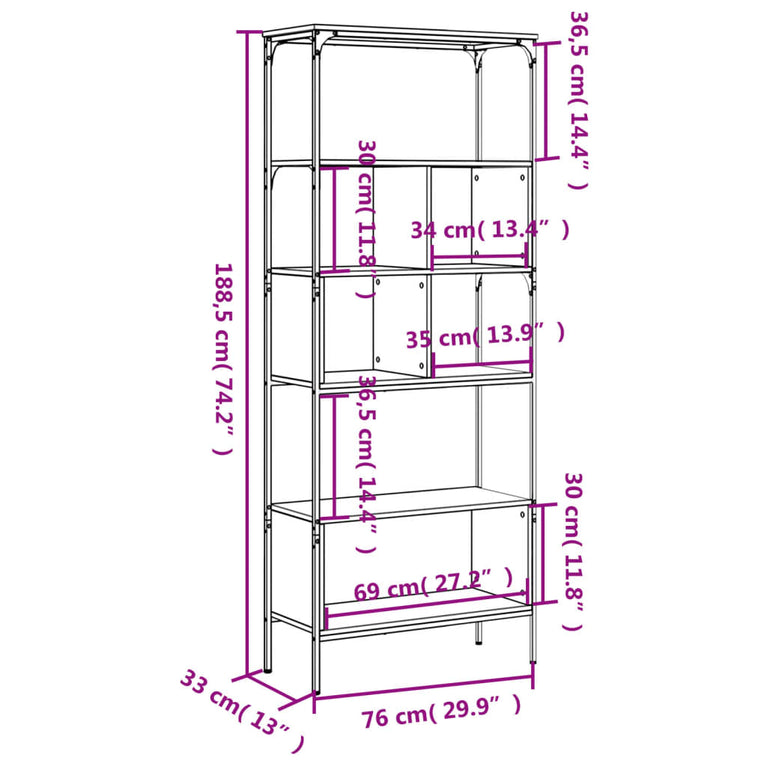 Boekenkast 5-laags 76x33x188,5 cm bewerkt hout grijs sonoma