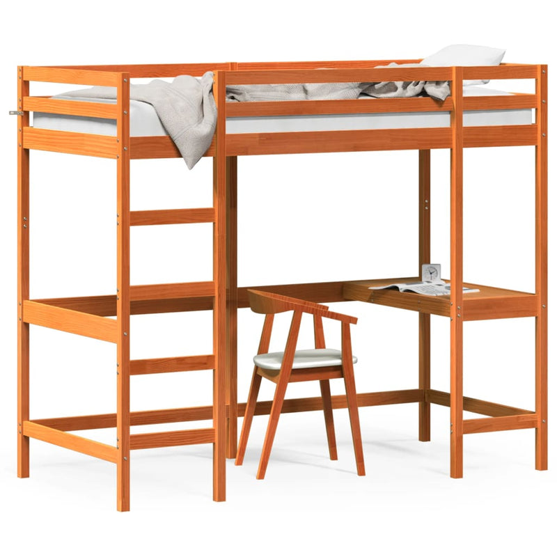 Hoogslaper met bureau massief grenenhout wasbruin 100x200 cm