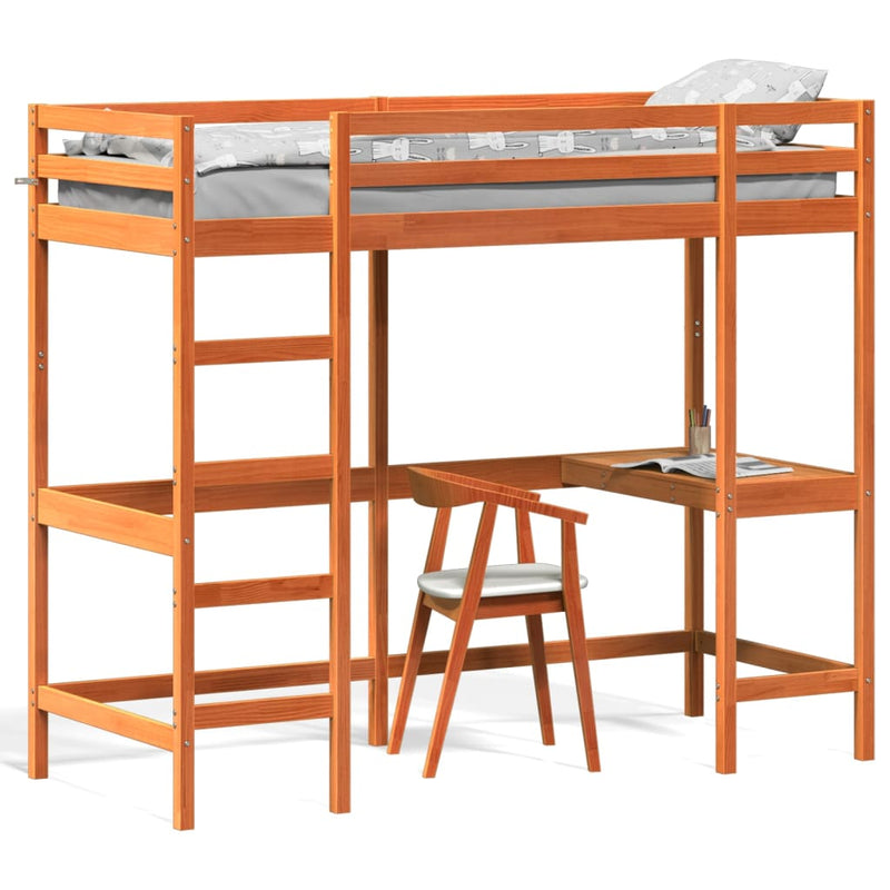 Hoogslaper met bureau massief grenenhout wasbruin 75x190 cm
