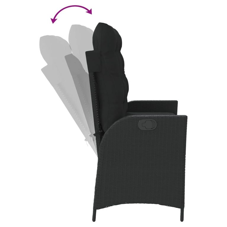 Tuinbankje verstelbaar met kussens poly rattan zwart