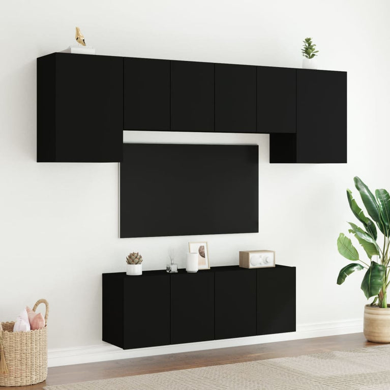 6-delige Tv-wandmeubelset bewerkt hout zwart