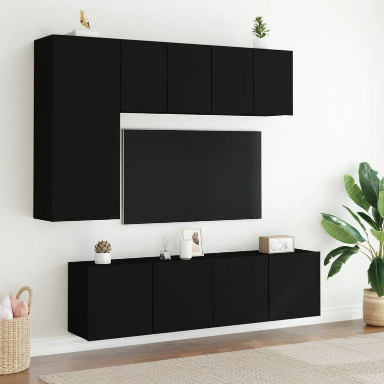 5-delige Tv-wandmeubelset bewerkt hout zwart