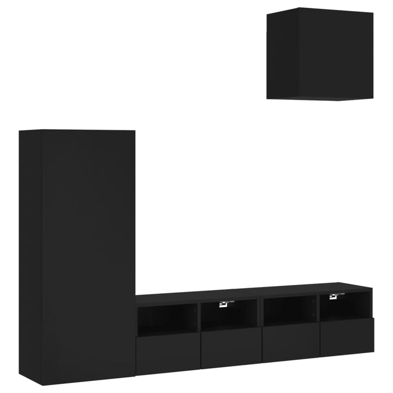 4-delige Tv-wandmeubelset bewerkt hout zwart