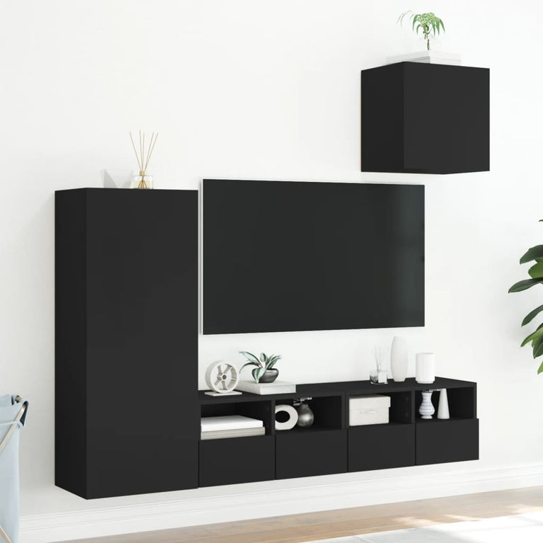 4-delige Tv-wandmeubelset bewerkt hout zwart