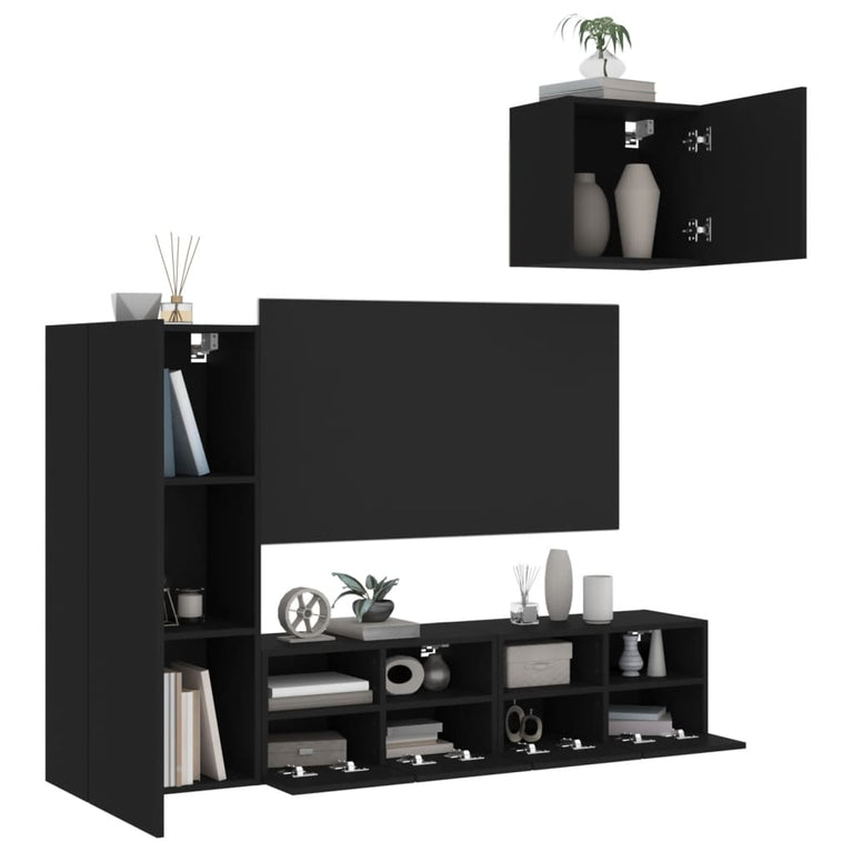 4-delige Tv-wandmeubelset bewerkt hout zwart