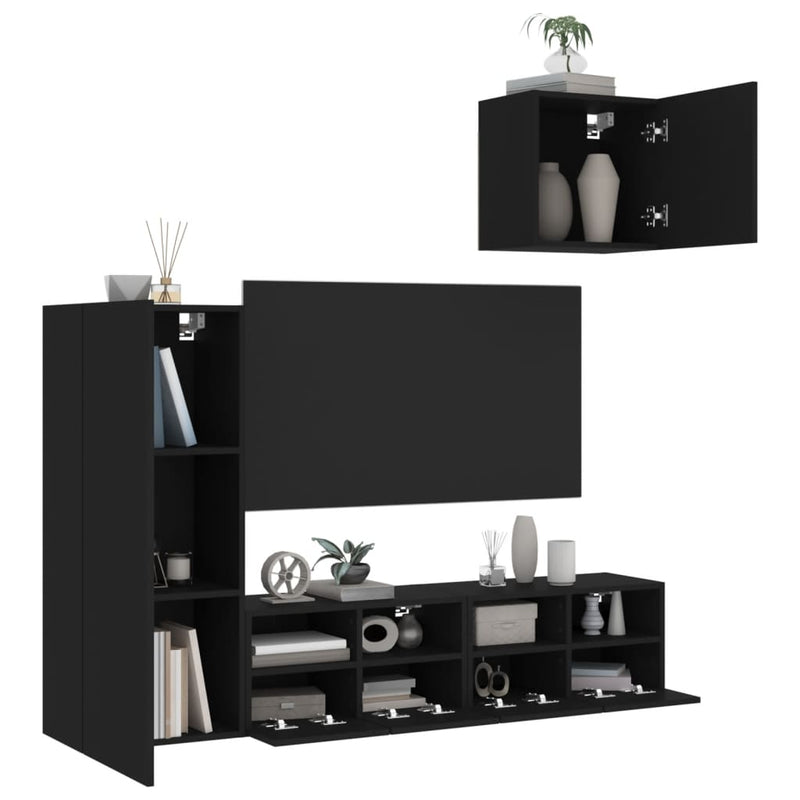 4-delige Tv-wandmeubelset bewerkt hout zwart