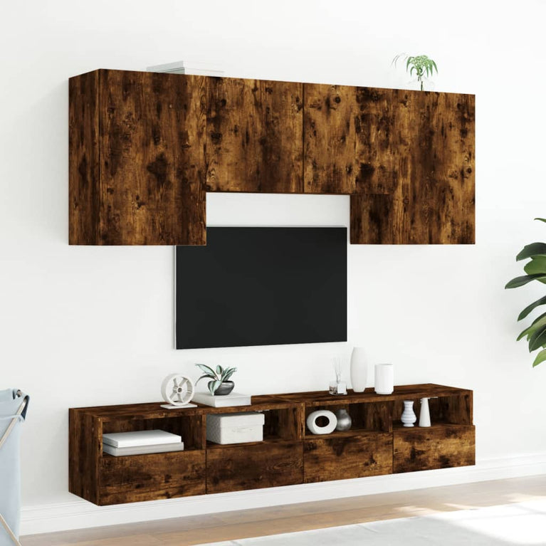 5-delige Tv-wandmeubelset bewerkt hout gerookt eikenkleurig
