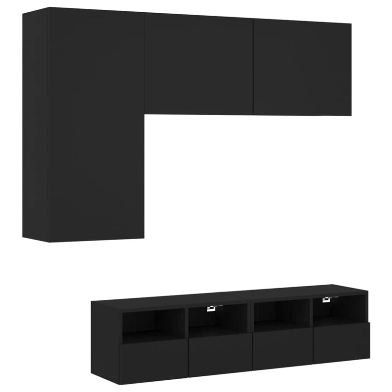4-delige Tv-wandmeubelset bewerkt hout zwart
